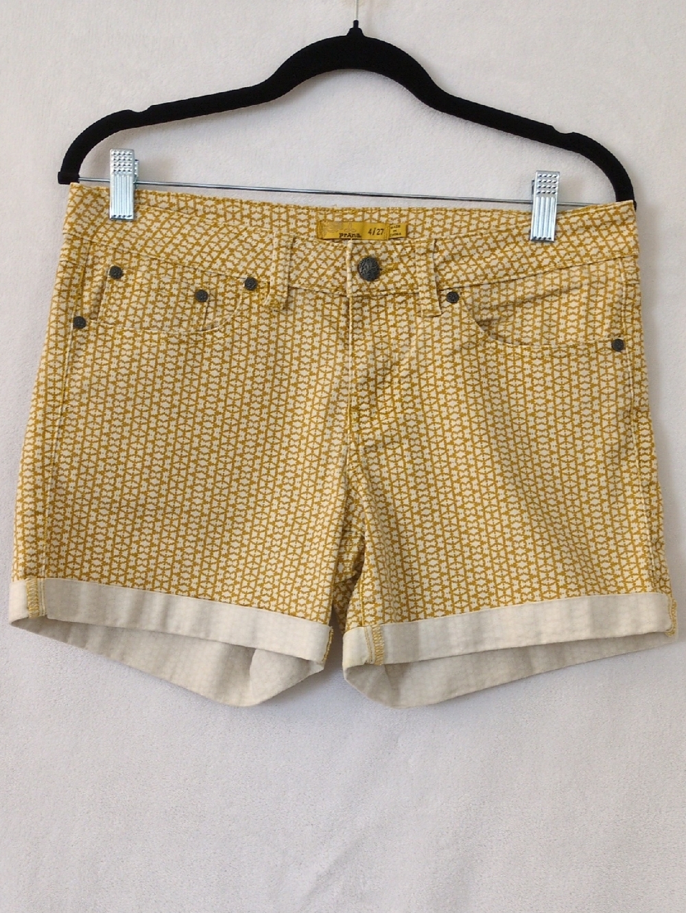 Prana Yellow Patterned Roll-Hem Jean Shorts